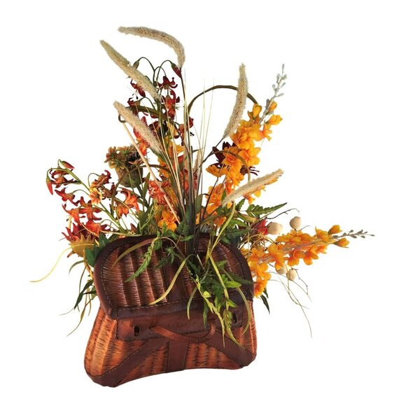Artificial Floral Arrangement In Vintage Fishing Creel Wicker Basket With Leathe - Picture 2 of 14